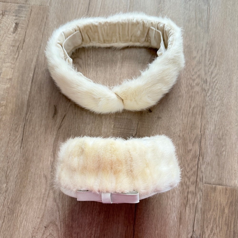 Super Cute NEW Vintage White Mink Hat And Scarf Set, Ribbon On Hat Made In USA